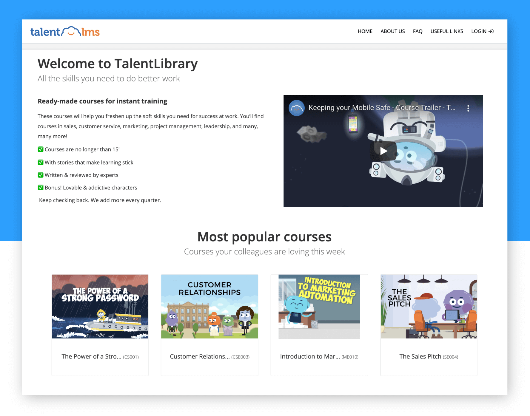 Example of a custom homepage at TalentLMS