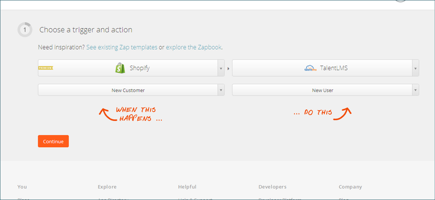 Zapier trigger: shopify and talentlms integration - step 1