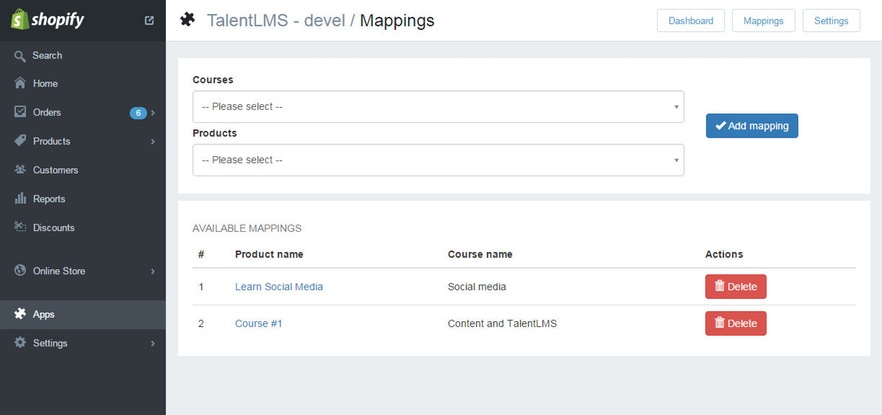 talentlms shopify integration mappings