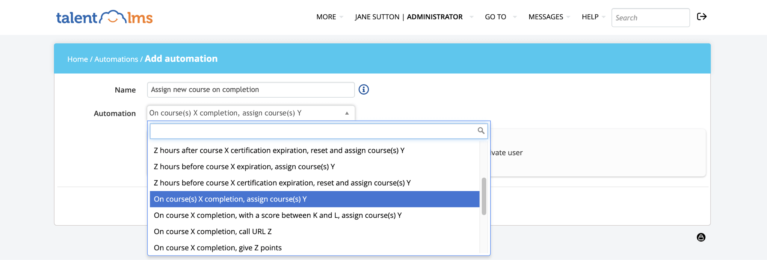 TalentLMS automations: Choose one of the available options