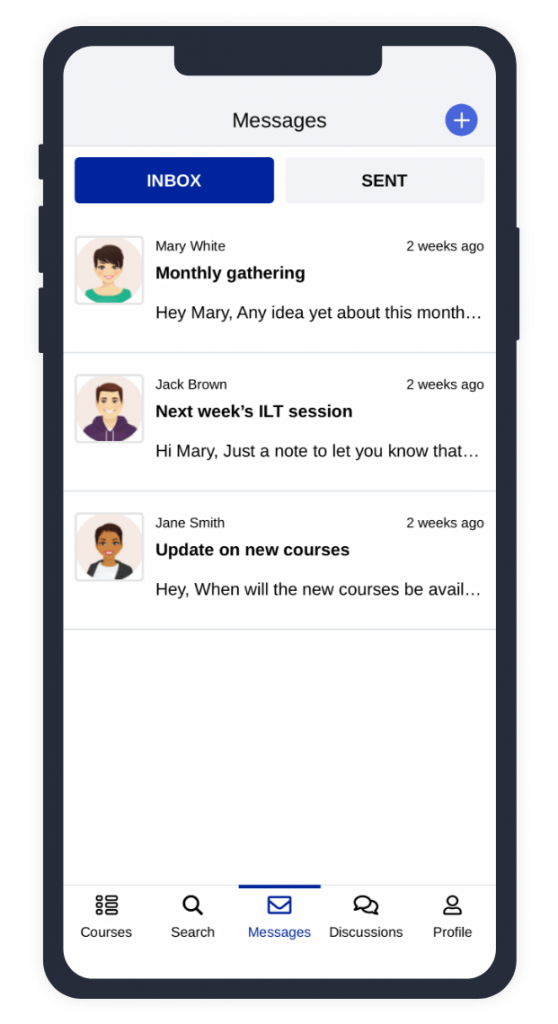 Example of messages on TalentLMS mobile app