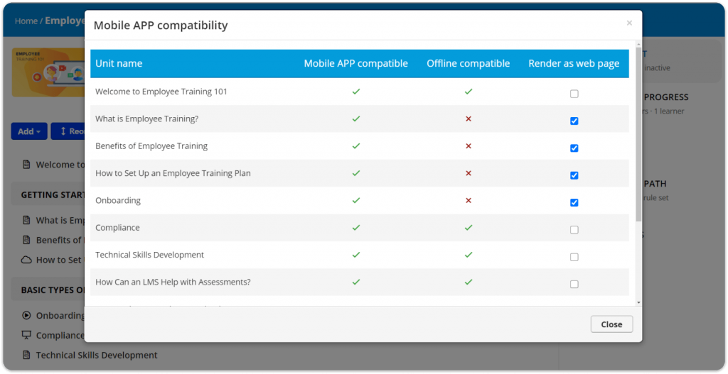 TalentLMS mobile app compatibility and offline availability example