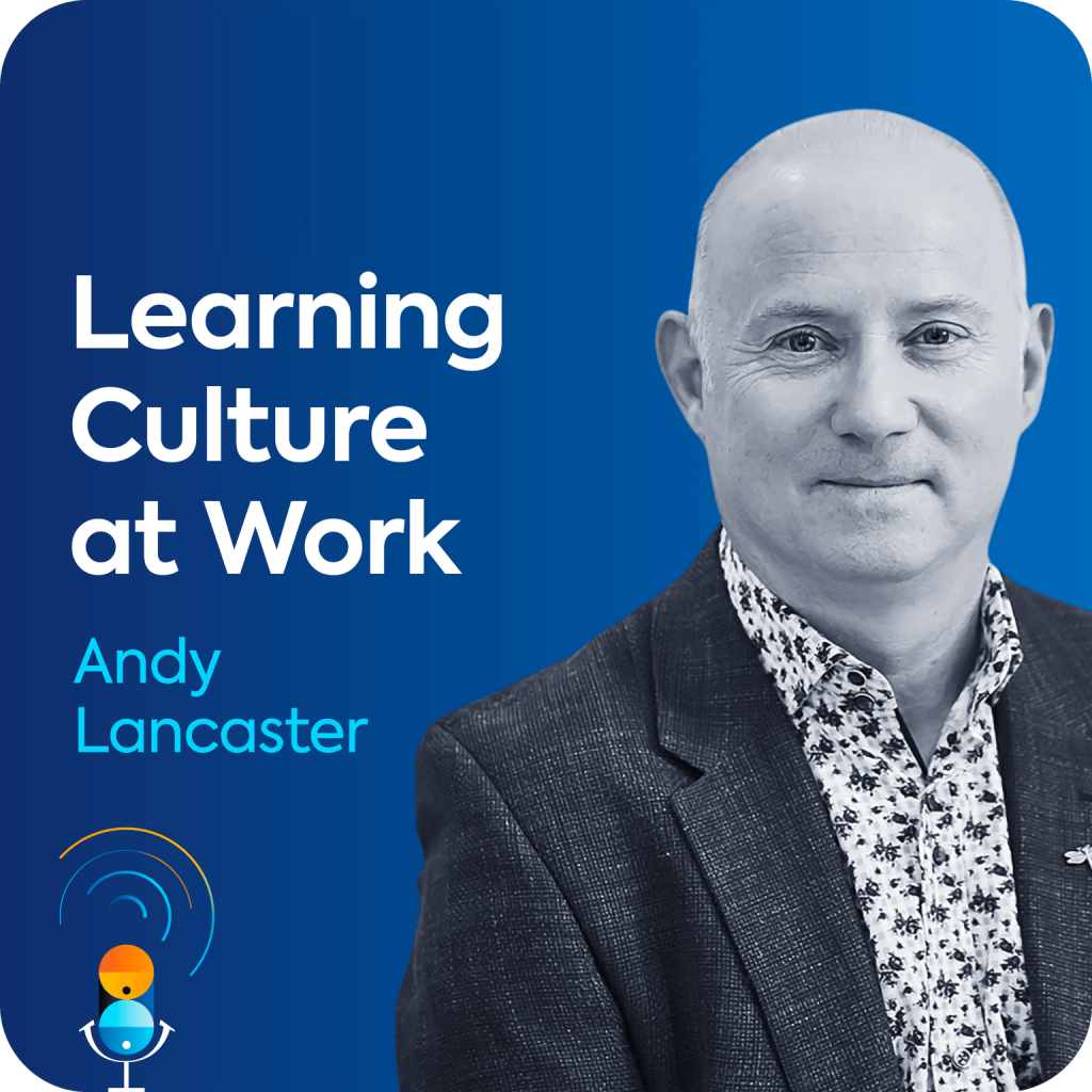 Andy Lancaster sits on a blue background, with the Keep it Simple logo and the TalentLMS logo in the top left corner along with the name of the episode "Learning Culture at Work".
