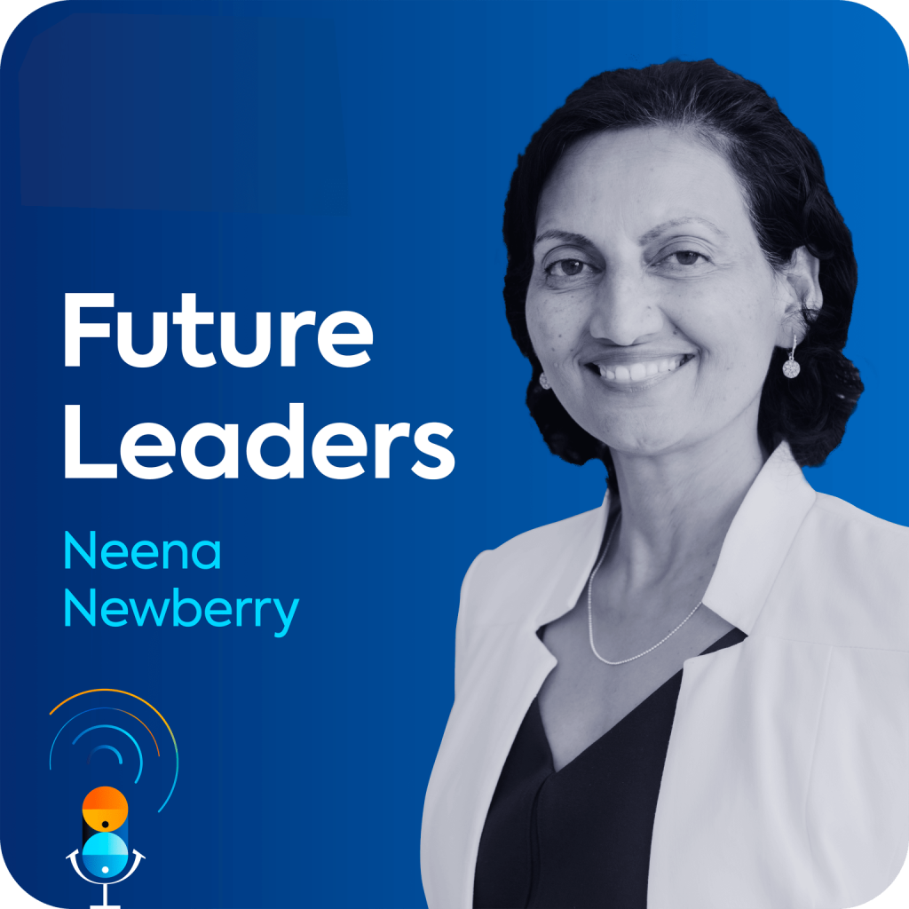 Neena Newberry sits on a blue background, with the Keep it Simple logo and the TalentLMS logo in the top left corner along with the name of the episode "Future Leaders".