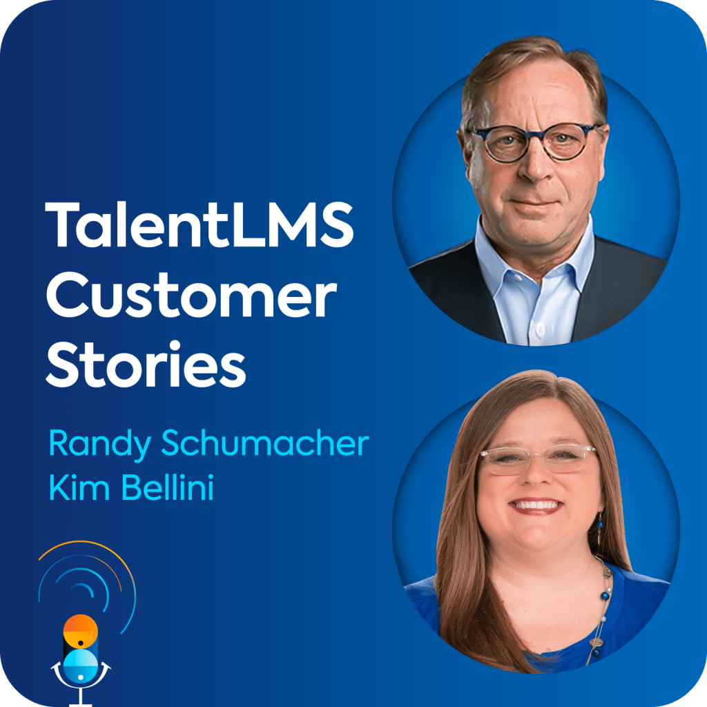 Randy Schumacher and Kim Bellini sit on a blue background, with the Keep it Simple logo and the TalentLMS logo in the top left corner along with the name of the episode "TalentLMS Customer Stories".