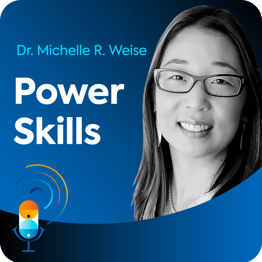 Michelle Weis sits on a blue background, along with the name of the episode "Power Skills".