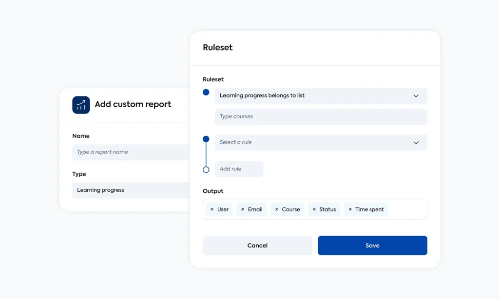Create custom reports and choose the data and type on TalentLMS.